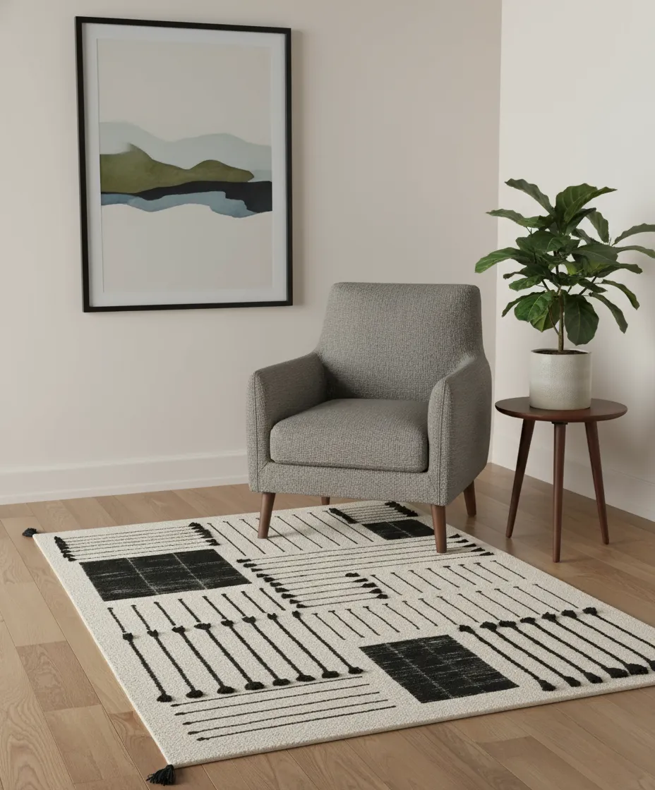 Black & White Sediments Handwoven Wool Rug with Cotton Base 1