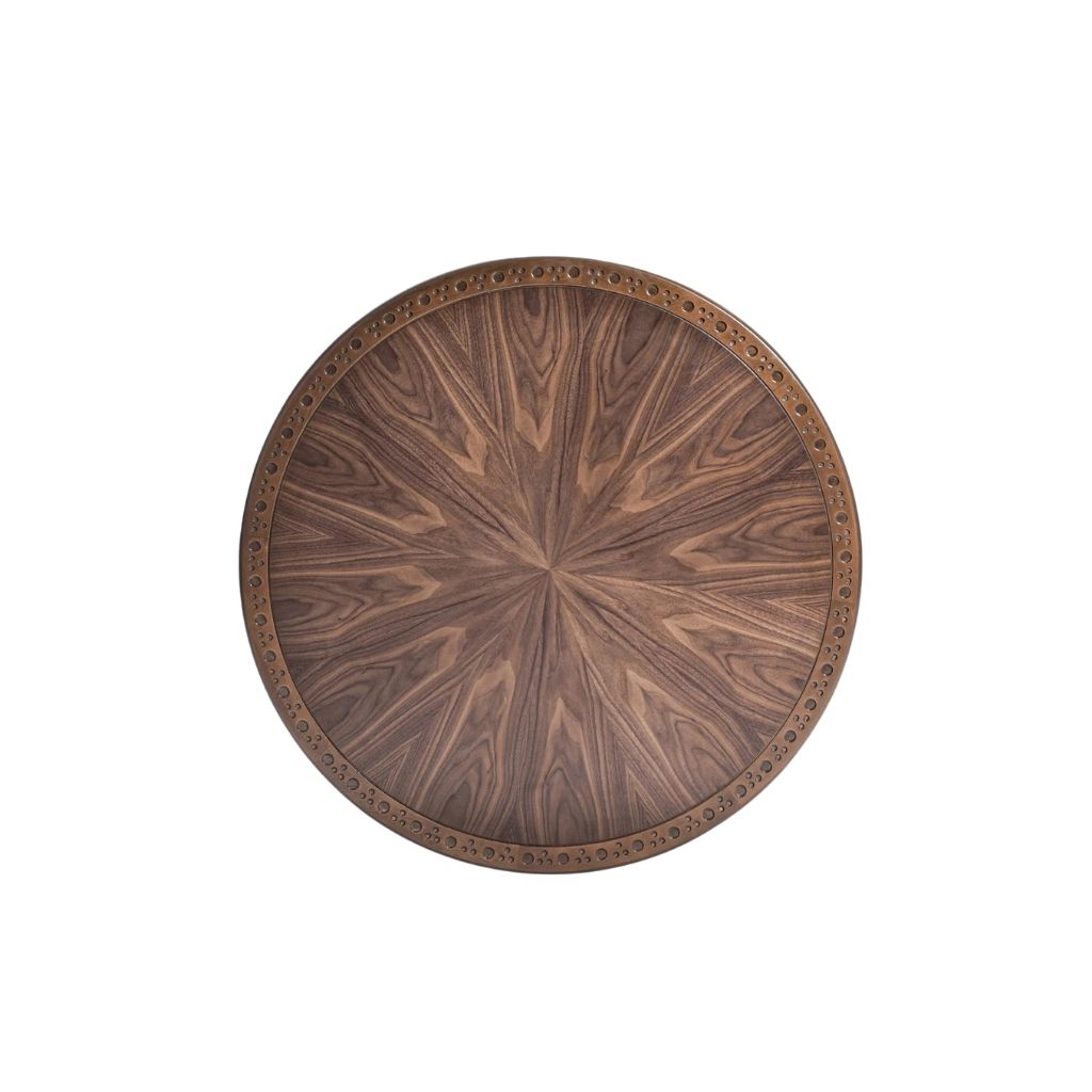 Dawayer Coffee Table - Walnut Sunburst Top with Carved Detail 3