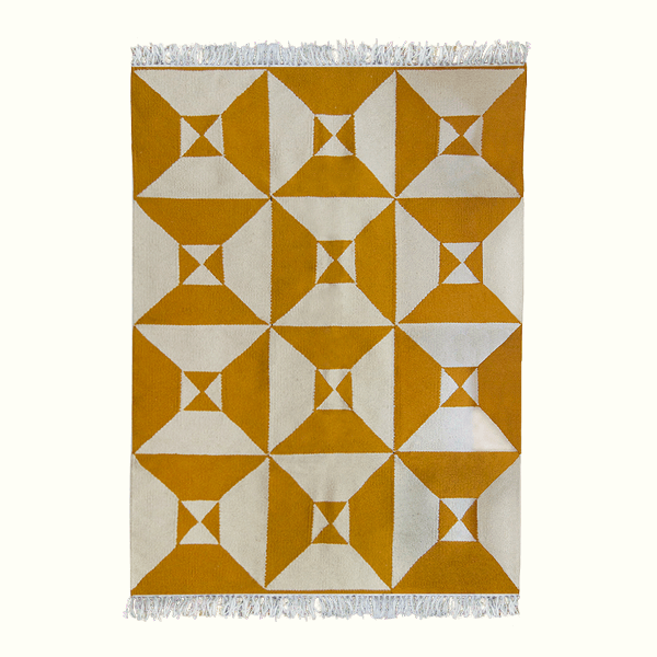Geometric Handwoven Wool Rug Cream & Yellow – 100% Pure Wool Design 0