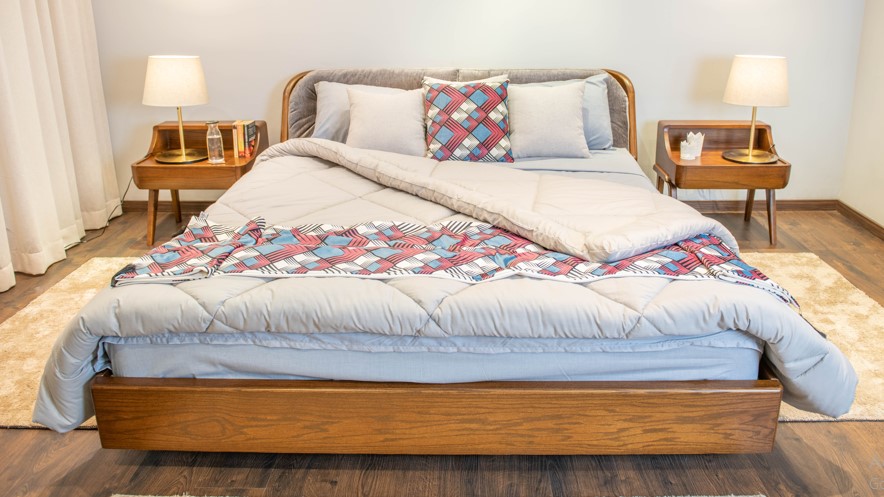 Solid Oak Modern Wooden Bed with Upholstered Backrest 0