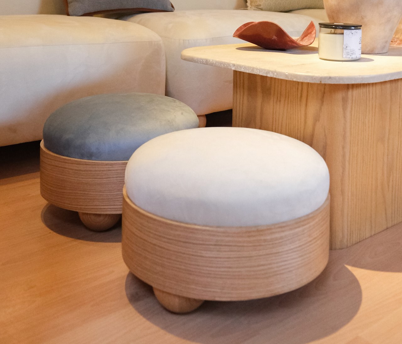 Bonba Pouf - Upholstered Seat With Carved Wooden Base 2
