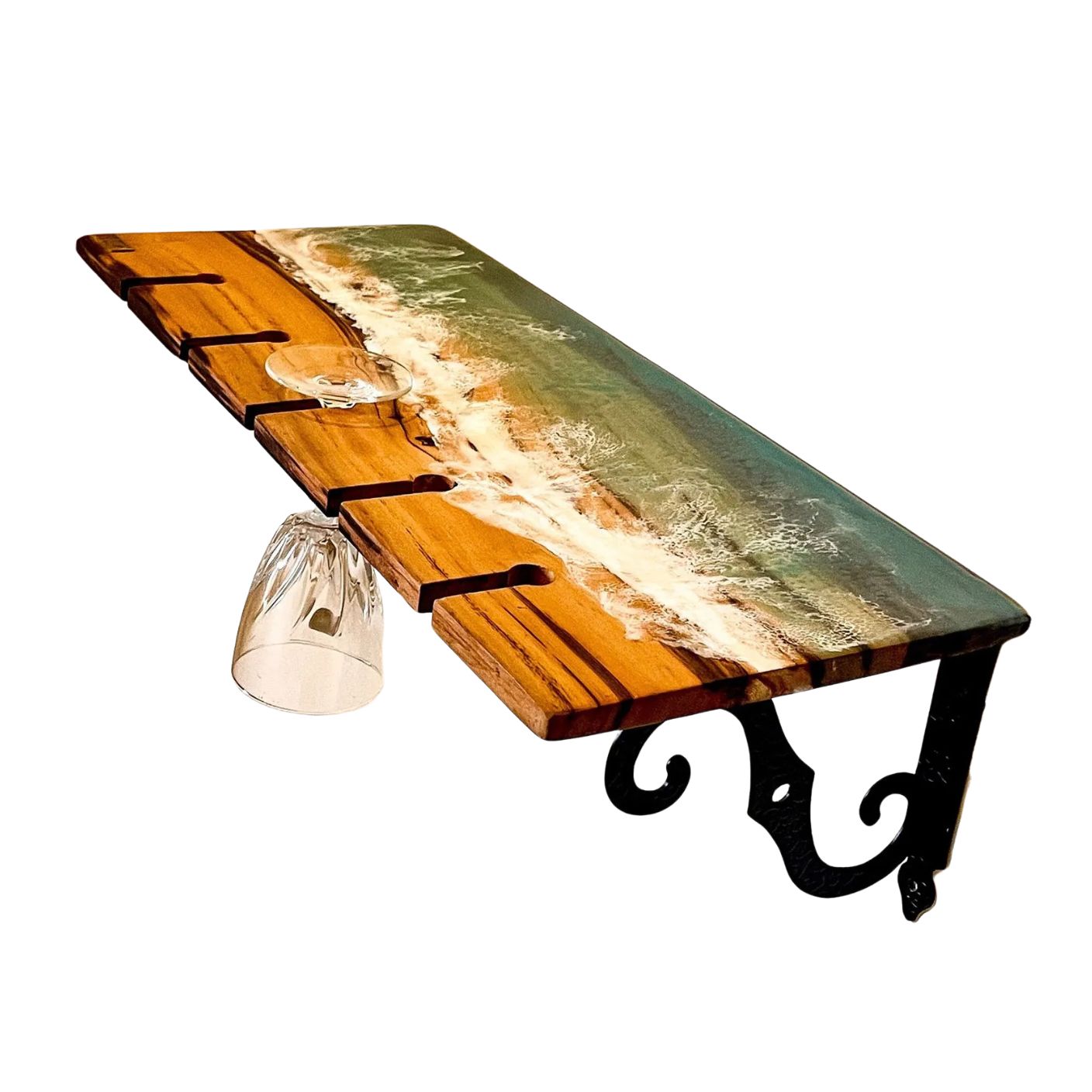 Green Sea Epoxy Shelf – Glass Holder on Oak Wood 2