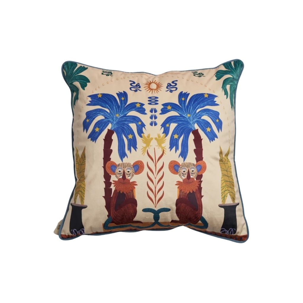 Velvet Cushion with Monkeys, Palm Trees & Celestial Details – Whimsical Design 0
