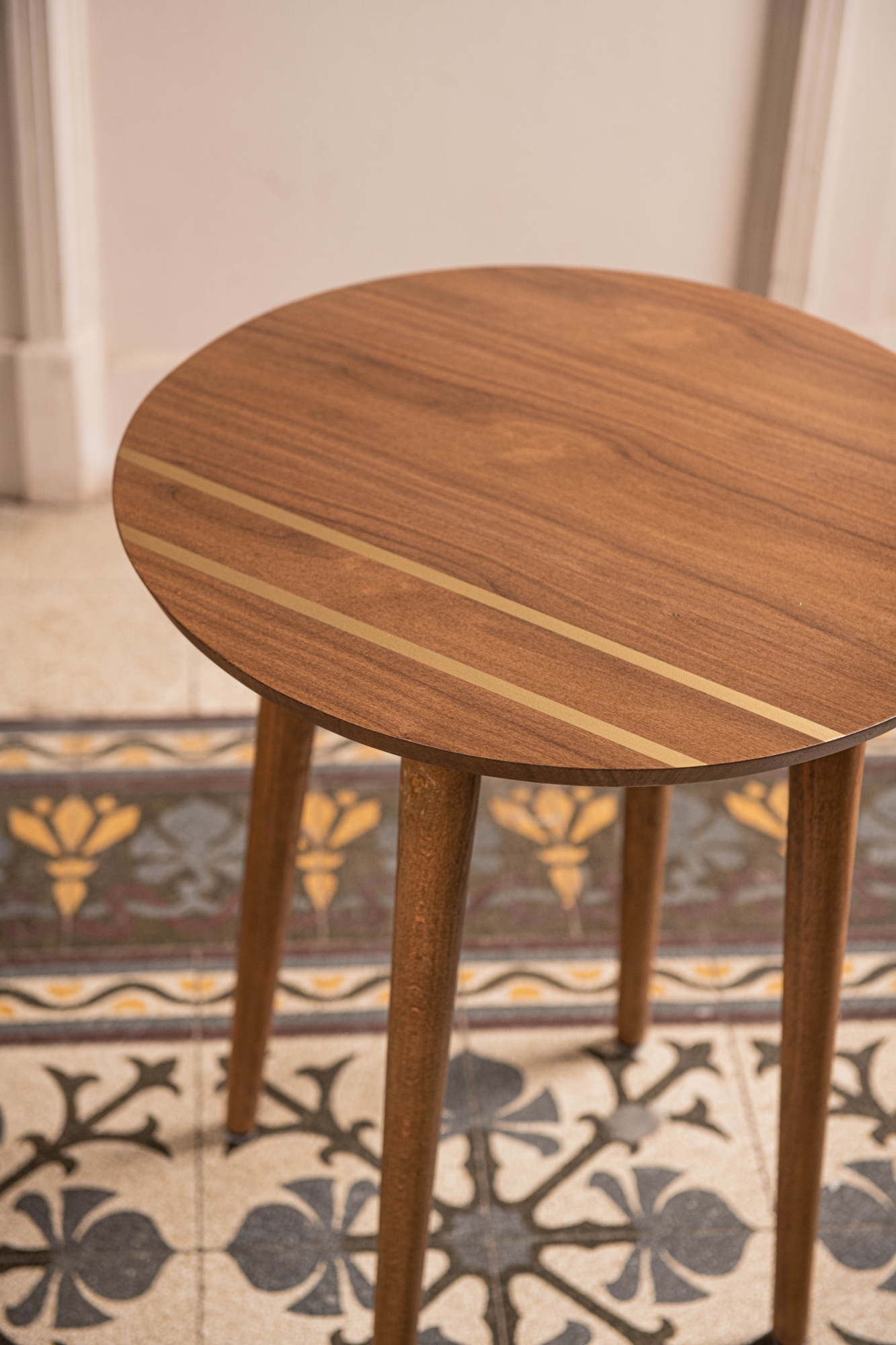 Striped Side Table - Walnut Veneer - Brass Paint - Round 2
