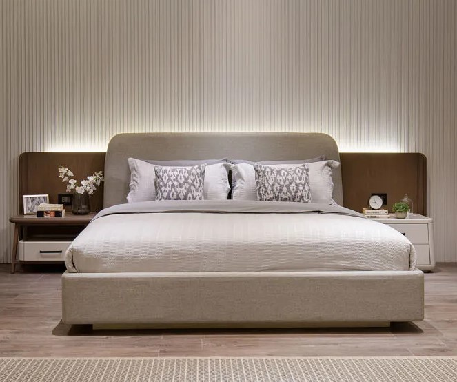 Aurora Bed With Upholstered Curved Headboard And Cladding Beige 0