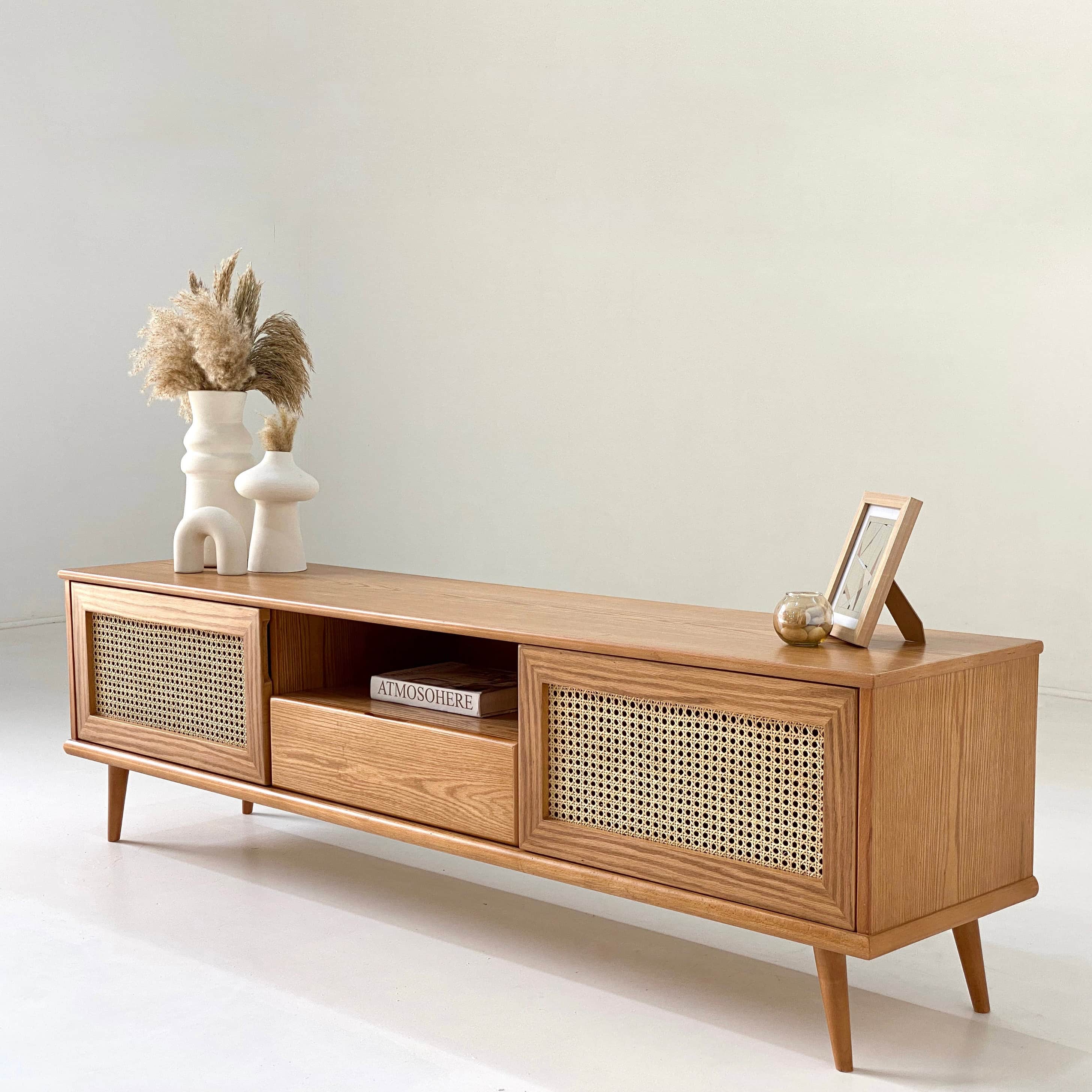 Japanese Beech Wood TV Unit With Rattan Accents and Oak Veneer 2