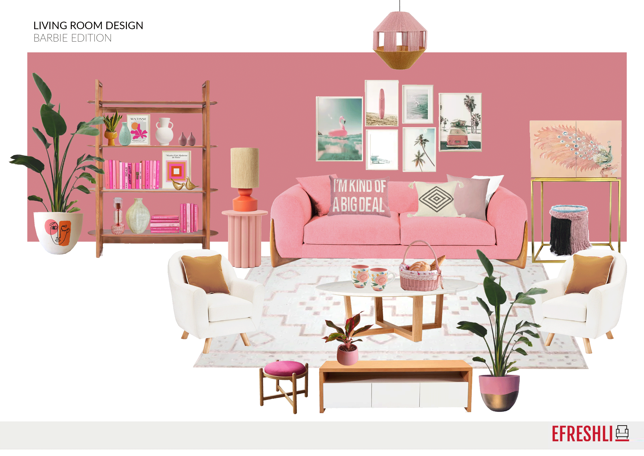 غرفة معيشة باللون الوردي