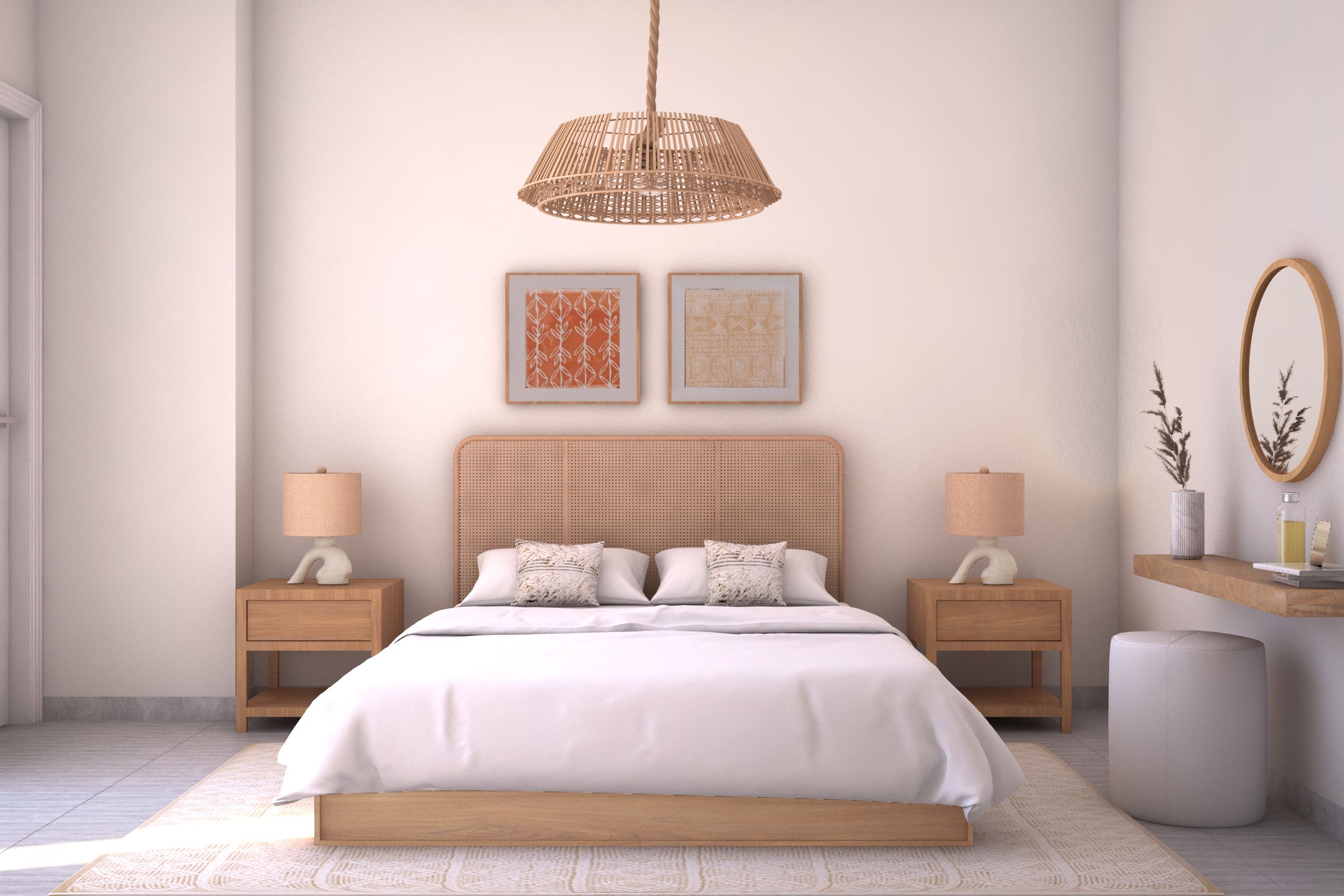 Light & natural bedroom with a pop of color